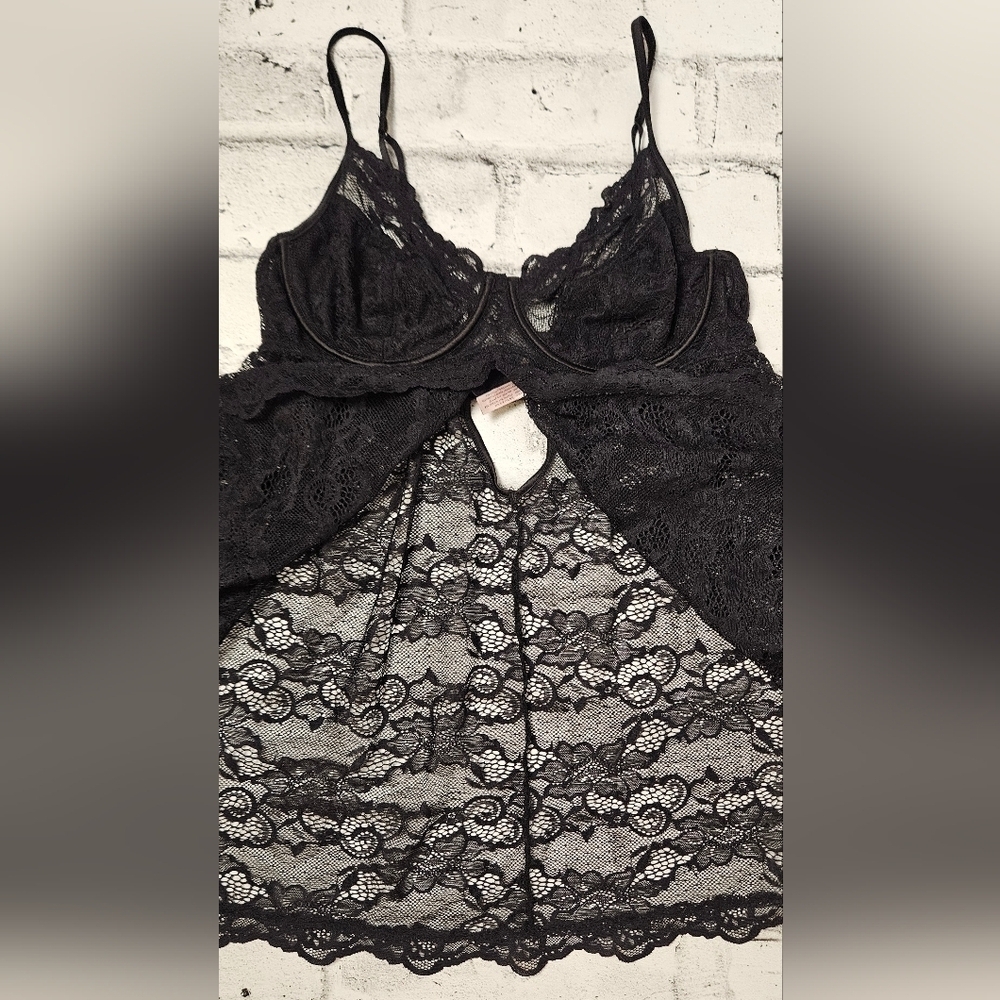 La Vie En Rose Black Lace Babydoll Chemise Womens Large Sheer Mesh - Picture 7 of 14